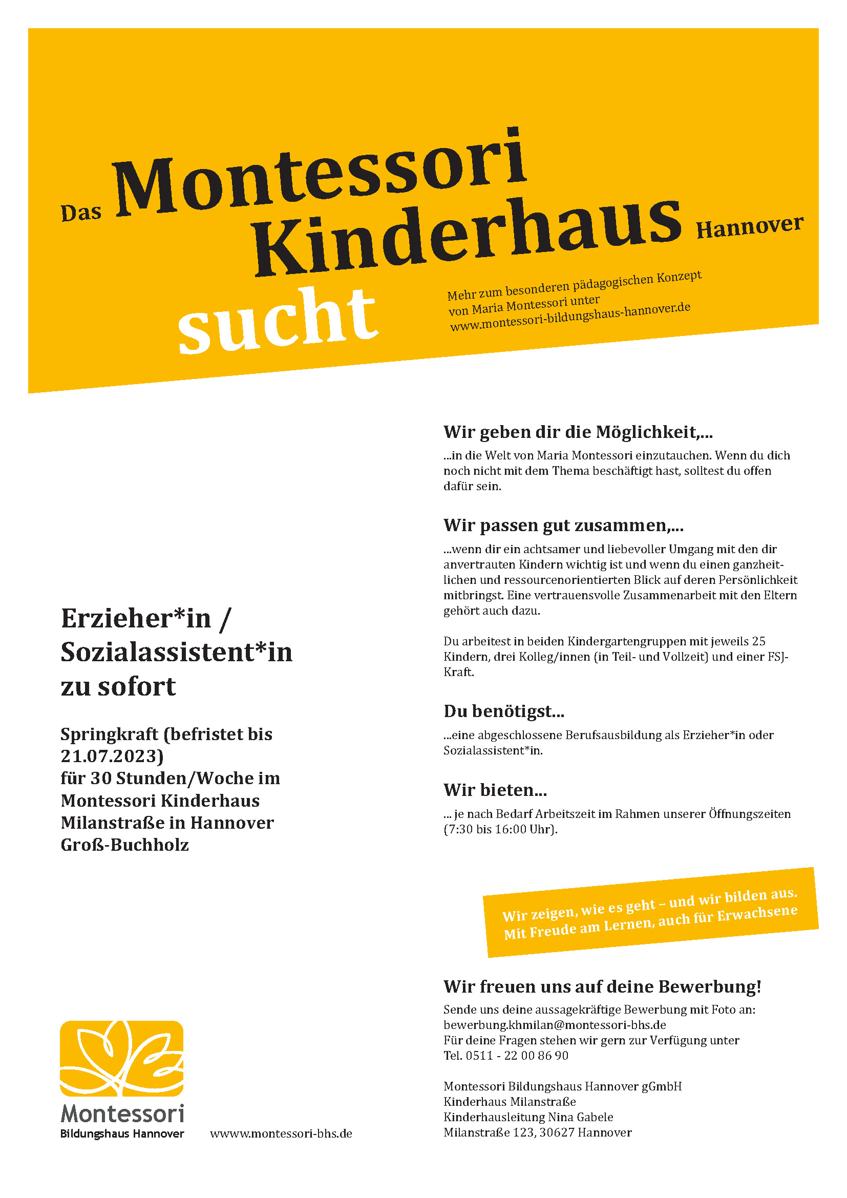 Wir suchen dich als Springkraft für unser Montessori Kinderhaus in Groß Buchholz
